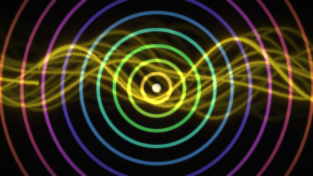 The audio visuals example: a synth's waveform drawn as glowing lines with feedback trails, behind coloured rings that pulse with its level
